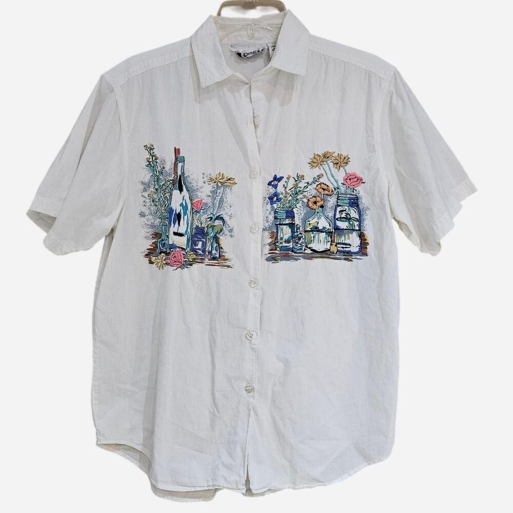 90s cottagecore grandmacore printed embroidered botanical white shirt